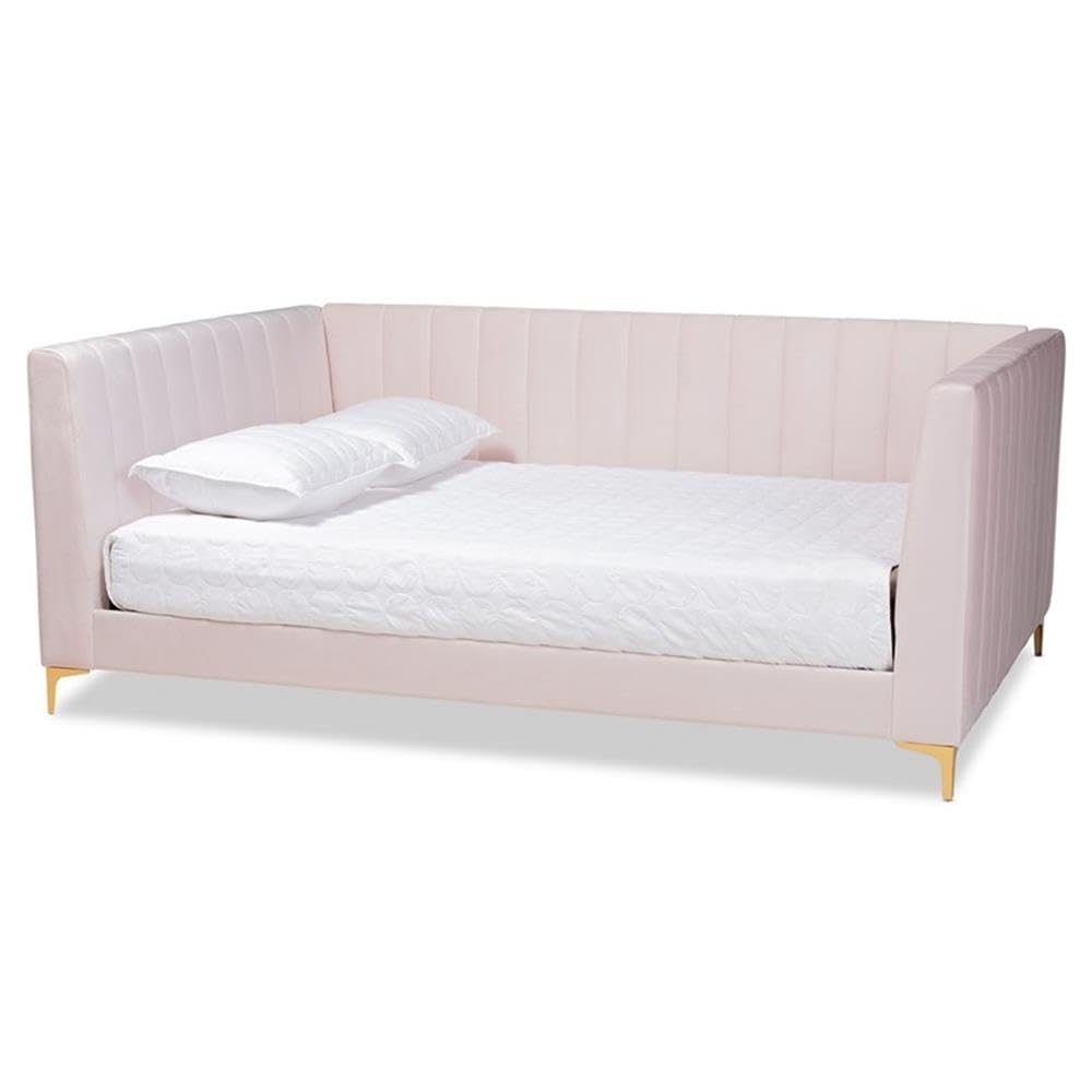 Baxton Studio Oksana Modern Contemporary Glam and Luxe Light Pink Velvet Fabric Upholstered and Gold Finished Full Size Daybed