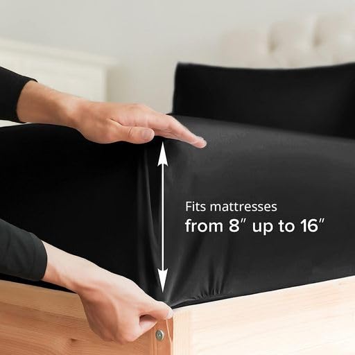 King Fitted Bed Sheet - Hotel Luxury & Cooling Single Fitted Sheet Only - Easily Fits Mattress Up To 16 Inches Perfectly - Soft, Wrinkle Free, Breathable & Comfy Black Single Fitted Bed Sheet
