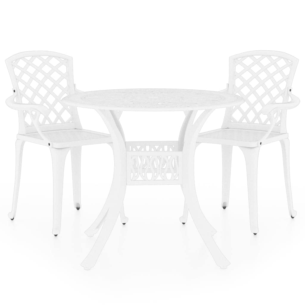 vidaXL 3-Piece Bistro Outdoor Patio Furniture Set in White - Cast Aluminum Design, with Umbrella Hole - Round Table & Two Chairs Set