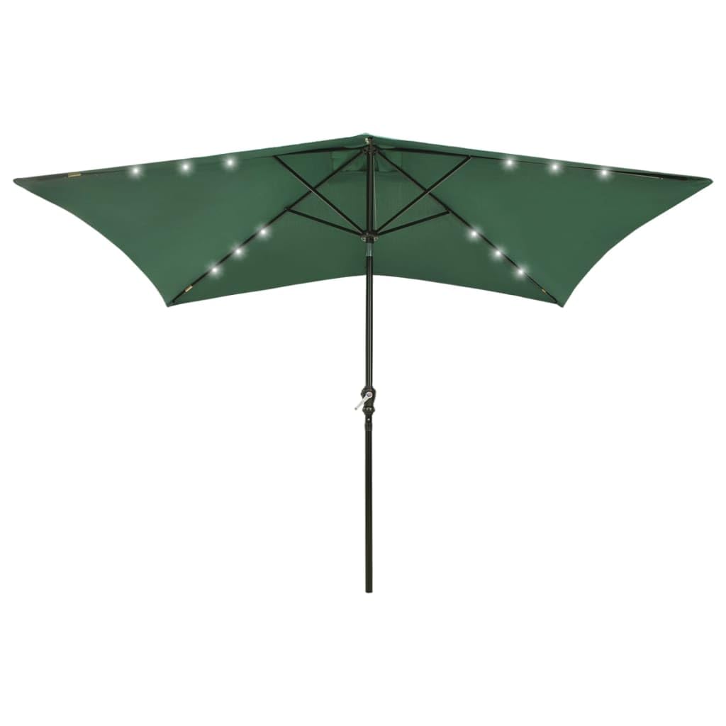 vidaXL Patio Garden Parasol with Solar Powered LED Lights and Steel Pole, UV Protective Rectangular Outdoor Umbrella, Green, 6.6'x9.8