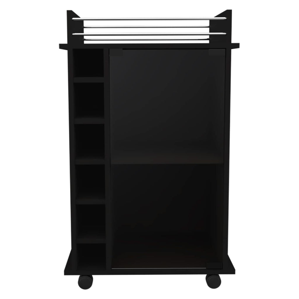 Huali Bar Cart, Glass Door, 4 Casters, 2 Shelves, Black