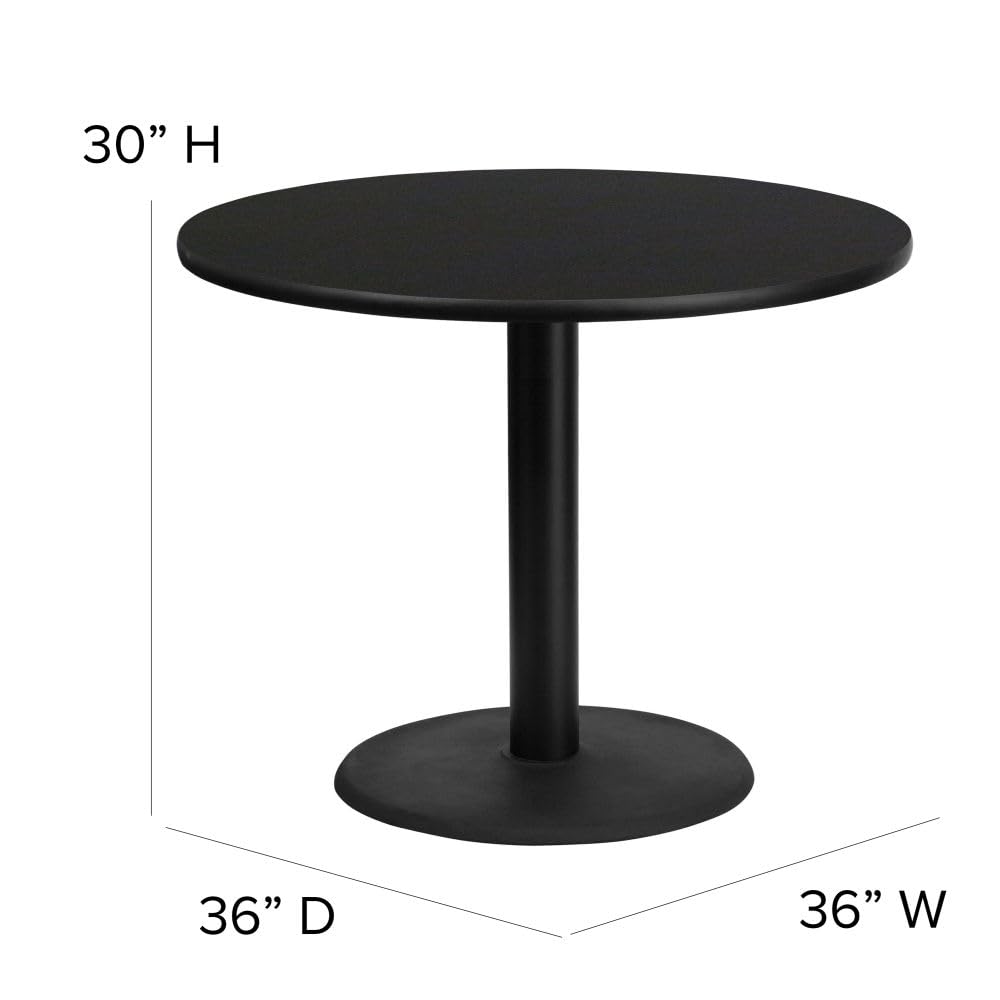 Flash Furniture Carlton 36'' Round Black Laminate Table Set with X-Base and 4 Black Trapezoidal Back Banquet Chairs