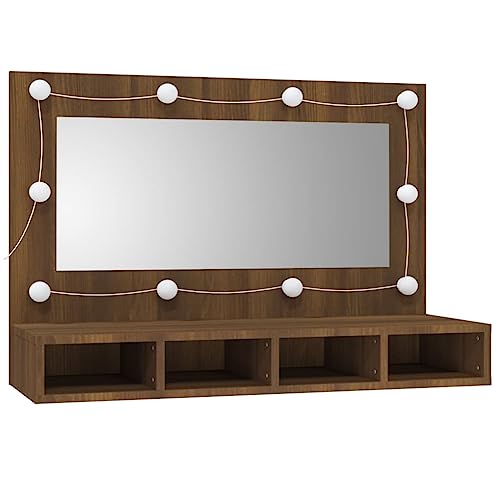 vidaXL Mirror Cabinet with LED Brown Oak 35.4&quot;x12.4&quot;x24.4&quot;