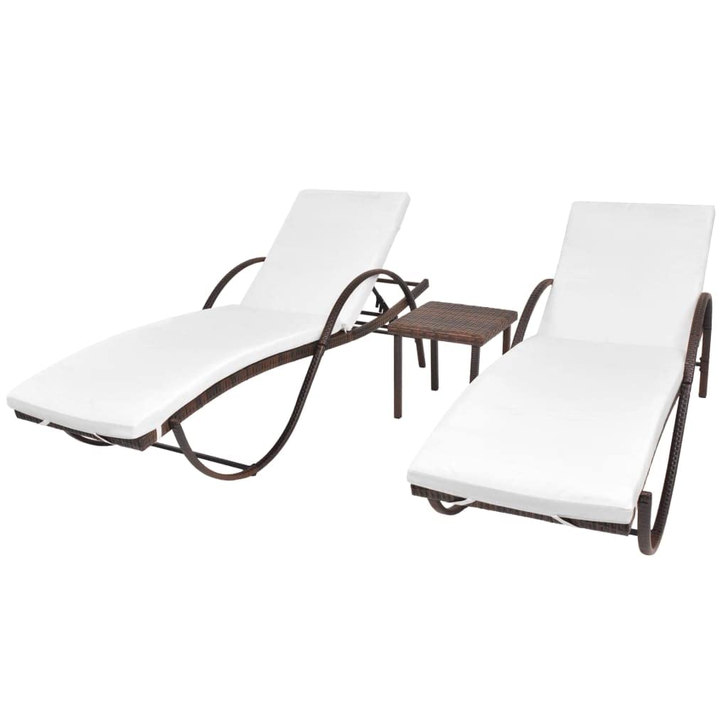 vidaXL Patio Lounge Chair 2 Pcs, Outdoor Chaise Lounge Chairs with Cushions, Sunloungers with Table, Porch Sunbeds, Brown Poly Rattan