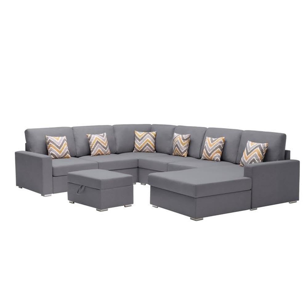 Lilola Home Nolan Gray Linen Fabric 7Pc Reversible Chaise Sectional Sofa with Interchangeable Legs, Pillows and Storage Ottoman