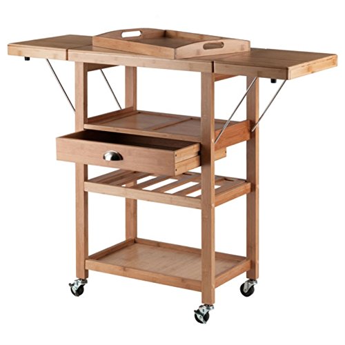 Barton Kitchen Cart: Expandable, Eco-Friendly Bamboo, Wine Rack, Removable Tray, Storage Shelves, Locking Casters. 45.2' W x 14.8' D x 35.4' H.