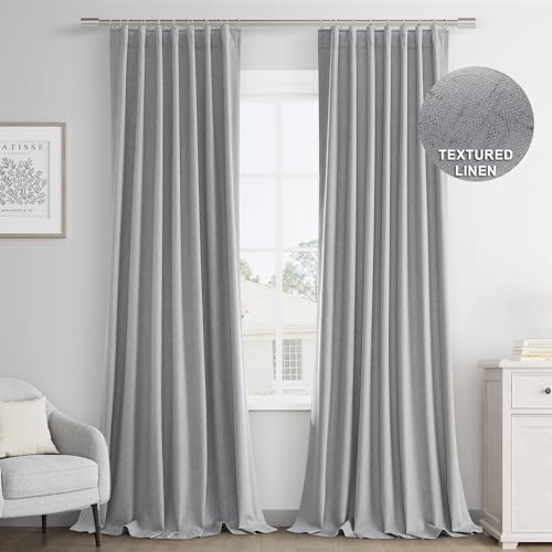 Joywell Light Grey Textured Linen 100% Full Blackout Curtains 108 Inch Long, Rod Pocket,Back Tab,Hook Belt,Thermal Insulated Pinch Pleated Window Drapes For Bedroom Living Room(2 Panels,52 X 108)