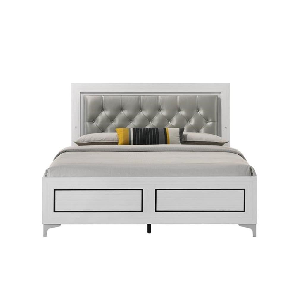 Acme Casilda Faux Leather Tufted Queen Bed with LED in Gray White