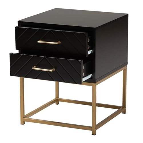 Baxton Studio Inaya Contemporary Glam and Luxe Black Finished Wood and Gold Metal 2-Drawer End Table Black/Wood