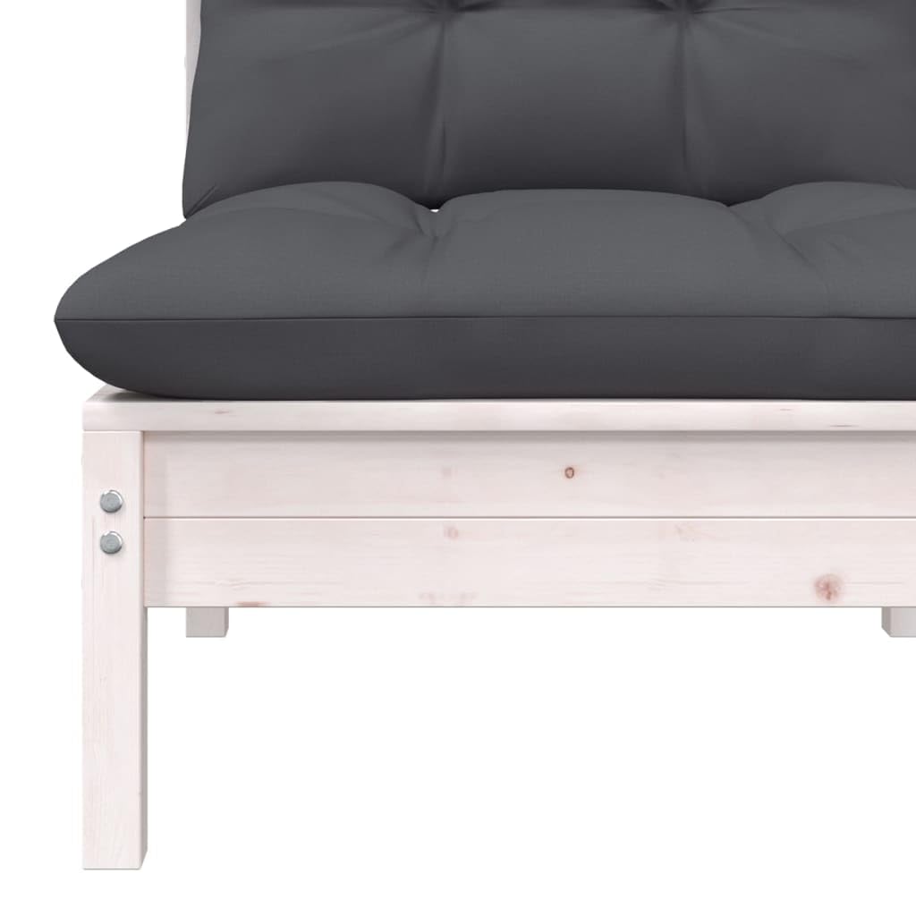 vidaXL Solid Pinewood Patio Middle Sofa - Modular Outdoor Lounge Furniture with Cushions - White and Anthracite