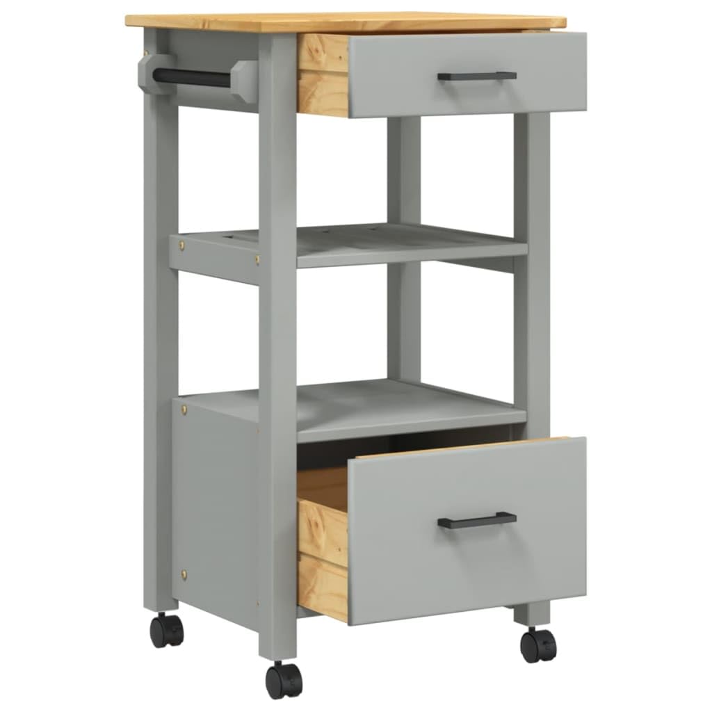vidaXL Kitchen Trolley Rolling Cart - Solid Pine Wood, 2 Drawers, Slatted Shelf, Lockable Wheels, Gray and Honey Wax Finish for Home Storage