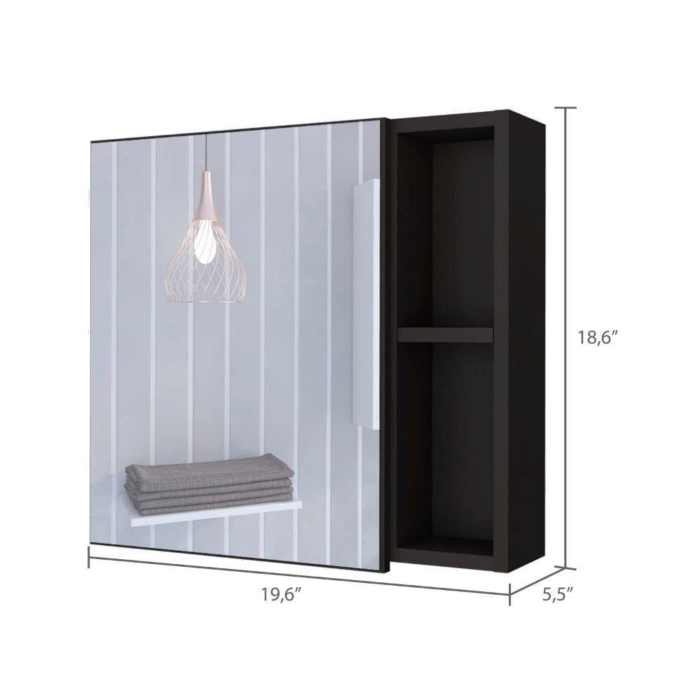 Queets Medicine Single Door Cabinet with Mirror, 2 Open Shelves, and 3 Inner Shelves, Black