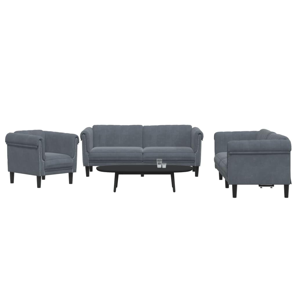 vidaXL 3 Piece Sofa Set - Dark Gray Velvet, Modern Living Room Furniture with Armchair, 2-Seater & 3-Seater Sofas