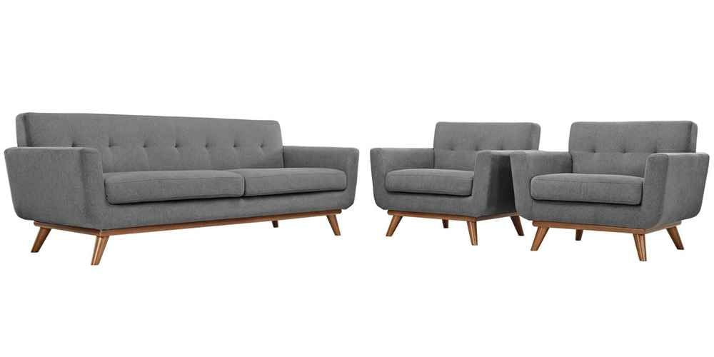 Modway Engage Mid-Century Modern Upholstered Expectation Gray, Two Armchairs and Sofa