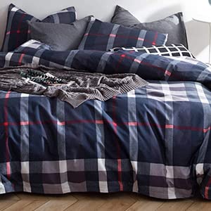 Clothknow Navy Plaid Comforter Sets Full Geometric Tartan Bedding Sets Full Men Teens Boys Bedding Blue Grid Bedding Comforter Full 3Pcs Comforter Sets For Men Women