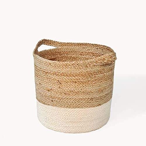 GOWITHGREEN Quality Jute Planter Pots/Storage Basket with handle, MultiPurpose use for Bathroom Living Room (6 Inches) 2 Z WHIT