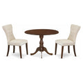East West Furniture DMGA3-MAH-32 3 Piece Dining Set Contains a Round Dining Room Table with Dropleaf and 2 Light Beige Linen Fab