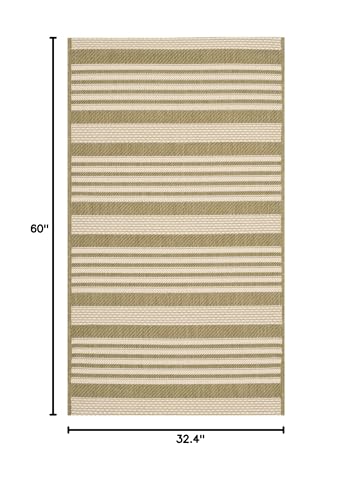 Safavieh Courtyard Collection Accent Rug - 2'7' X 5', Green & Beige, Stripe Design, Non-Shedding & Easy Care, Indoor/Outdoor & W