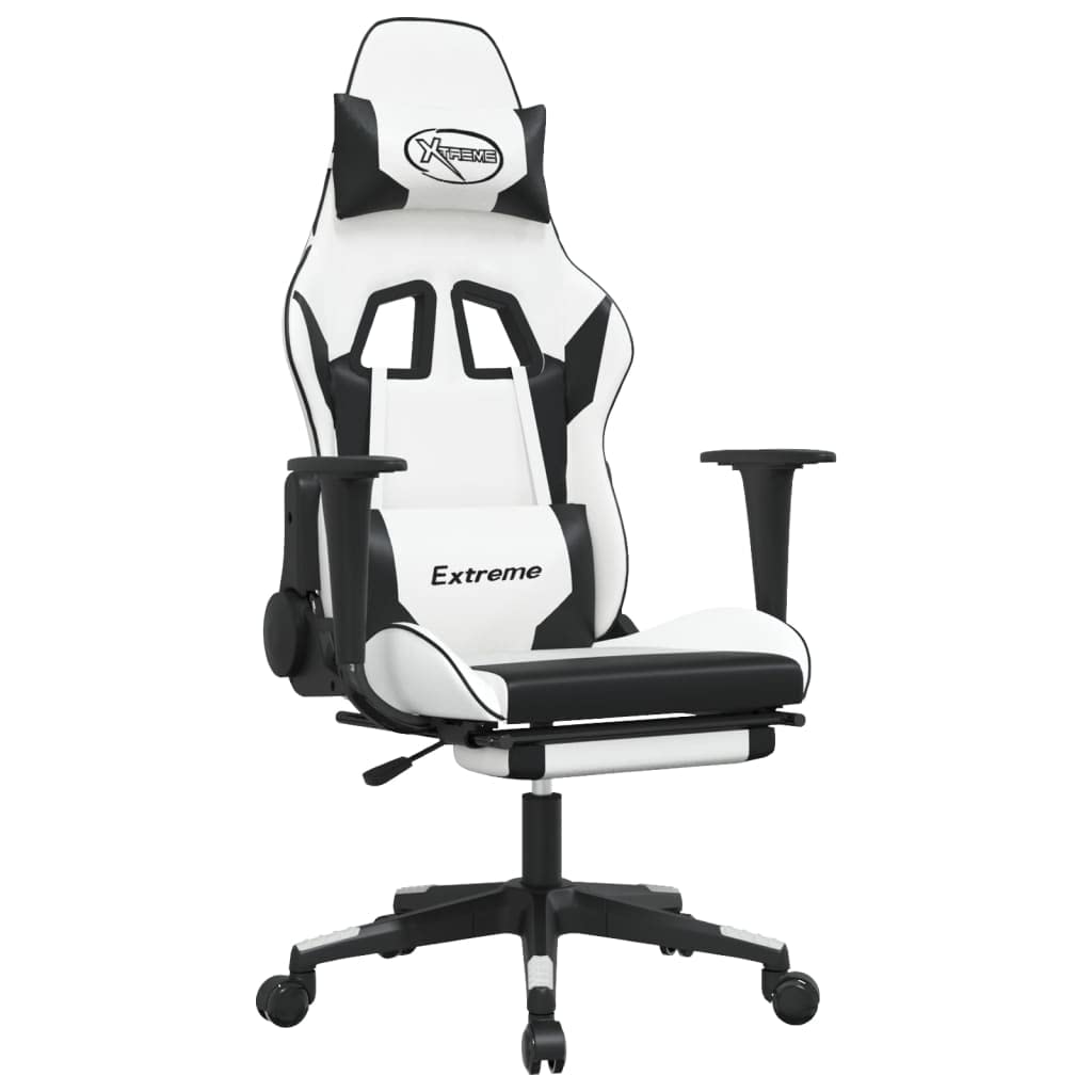 vidaXL Faux Leather Gaming Chair with Adjustable Backrest and Footrest, 360-degree Swivel Design, Easy to Assemble, White and Black