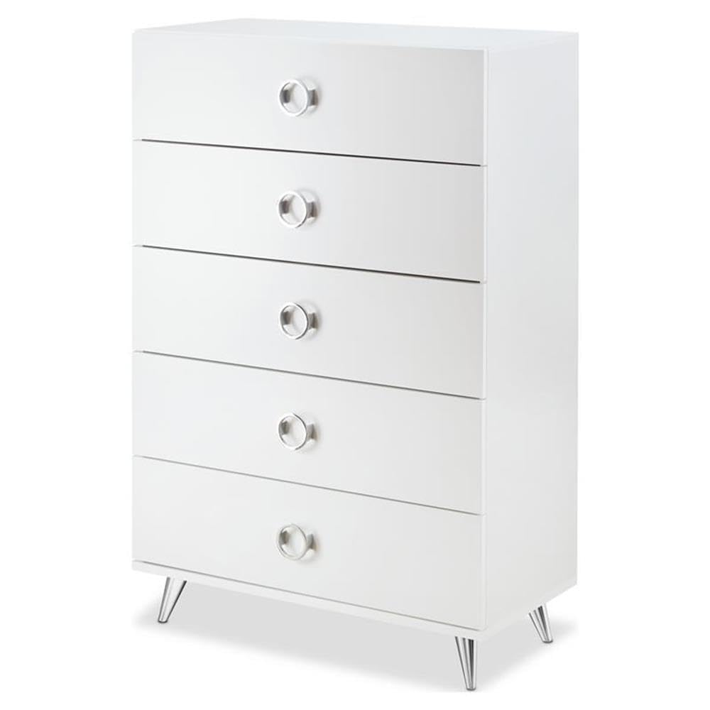 Acme Elms Wooden Rectangular Chest with 5 Storage Drawers in White and Chrome