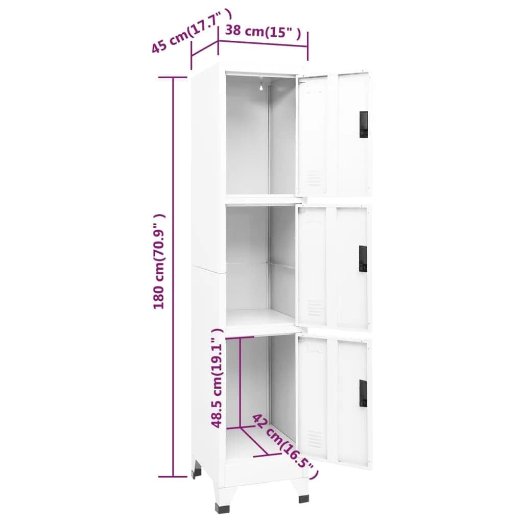 Vidaxl Steel Locker Cabinet, 3 Lockable Doors, Storage Organizer, Modern Design For Office/School, Easy-To-Clean, With Air Vents And Name Tags, White, 15&quot;X17.7&quot;X70.9&quot;