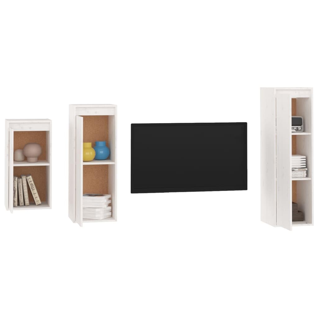 vidaXL TV Stand 3 Pcs, Wall Mounted Entertainment Center TV Console with Storage, Floating TV Stand for Living Room Bedroom, White Solid Wood Pine
