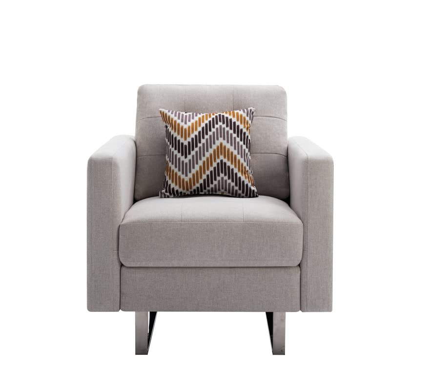 Lilola Home Victoria Beige Linen Fabric Armchair with Metal Legs, Side Pockets, and Pillow