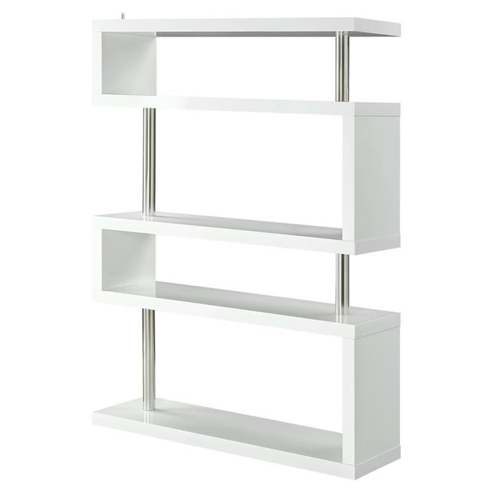 Acme Buck II Wooden Bookcase with Steel Support Pillar in White High Gloss