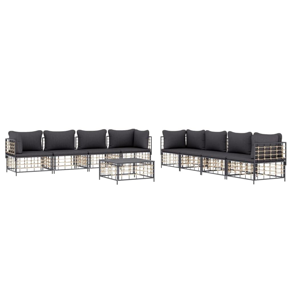 vidaXL 9-Piece Outdoor Patio Lounge Set with Cushions, Anthracite Poly Rattan - Weather Resistant, Modular Sofas, Comfortable Se