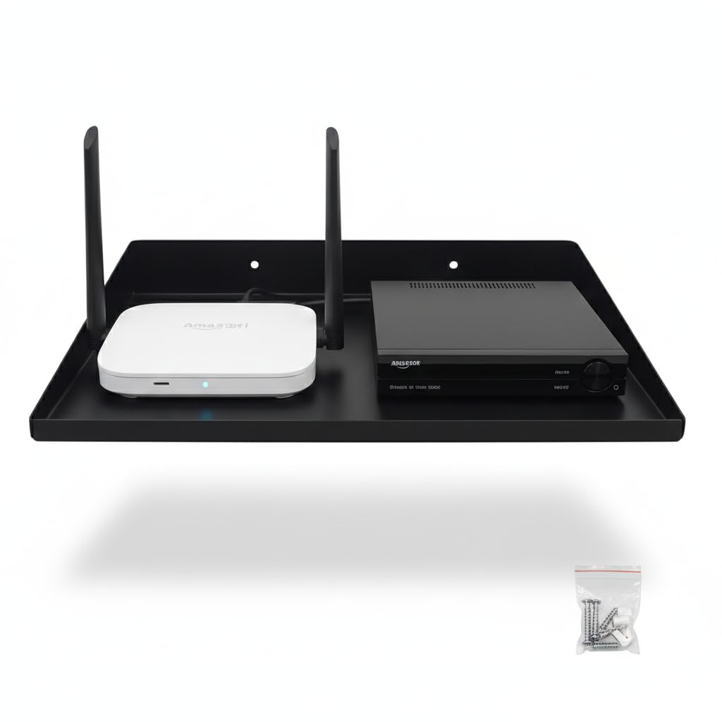 Shuchi Essentials Wall Mounted Set Top Box Stand For Tv, Wifi Router Shelf, Dth Setup Box Holder Rack, Black Metal Wall Mount St