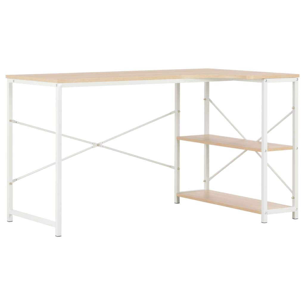 vidaXL Modern Computer Desk, Large Office Desk with Two Shelves, Sturdy Writing Desk with Powder-Coated Metal Legs, Industrial Style Workspace Solution, White & Oak