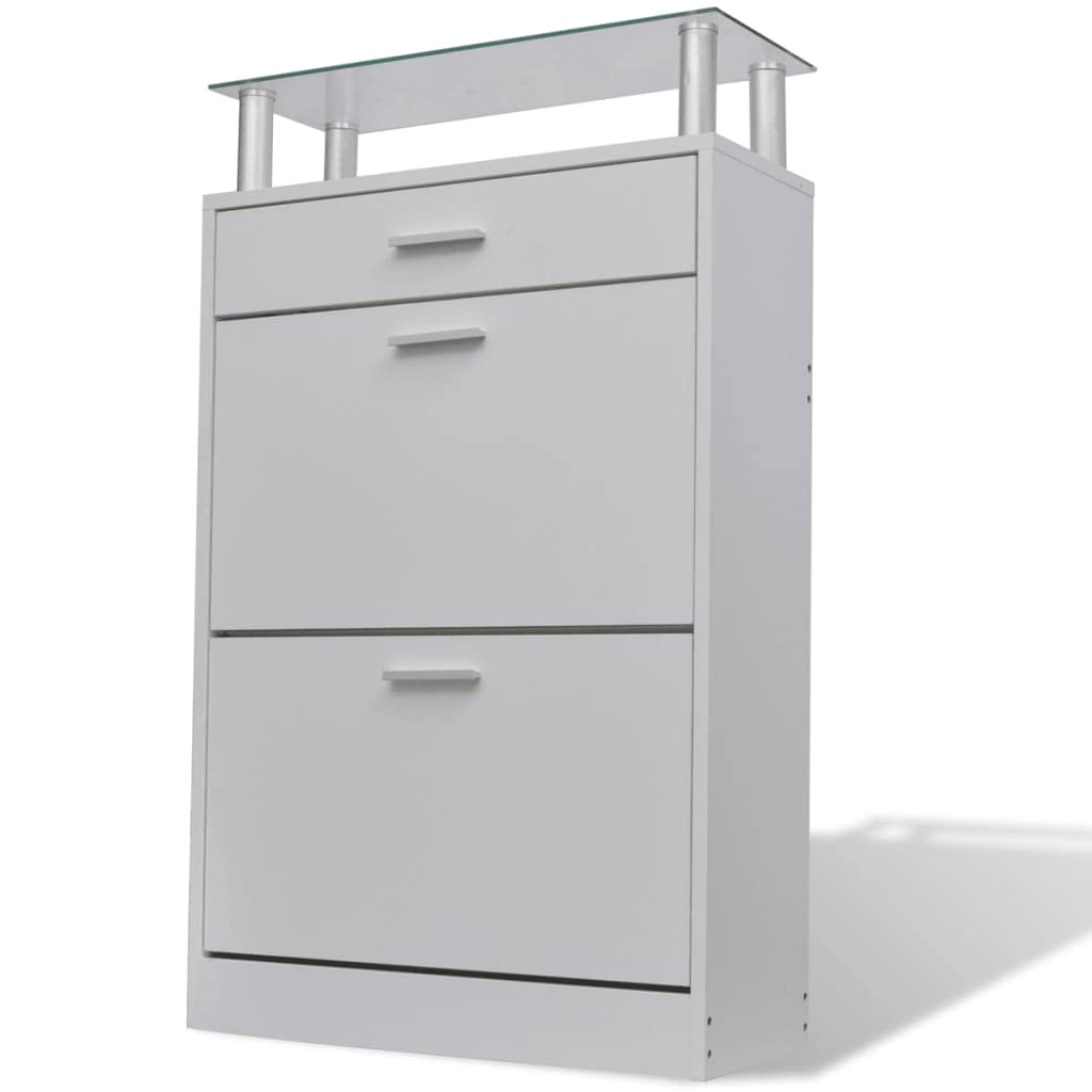 vidaXL Shoe Cabinet with a Drawer and a Top Glass Shelf Wood White