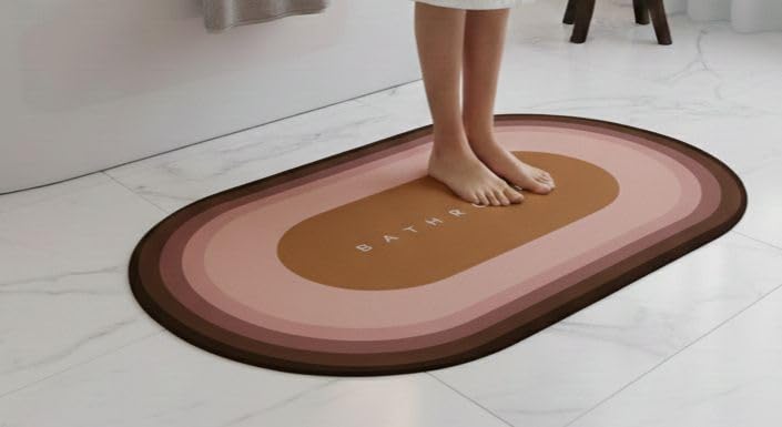 Bathroom Oval Bath Mat, Brown Pink Concentric Rings Design, Polyester, 60 cm x 40 cm, NonSlip, Soft and Absorbent