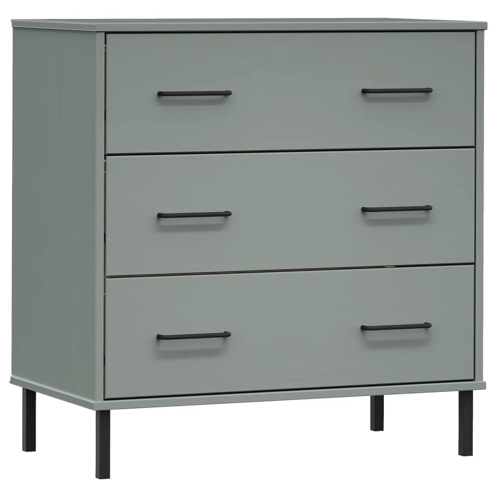 vidaXL Solid Pine Wood Sideboard with 3 Drawers, Metal Feet, Industrial Style, Ample Storage Space, Gray, Oslo Range