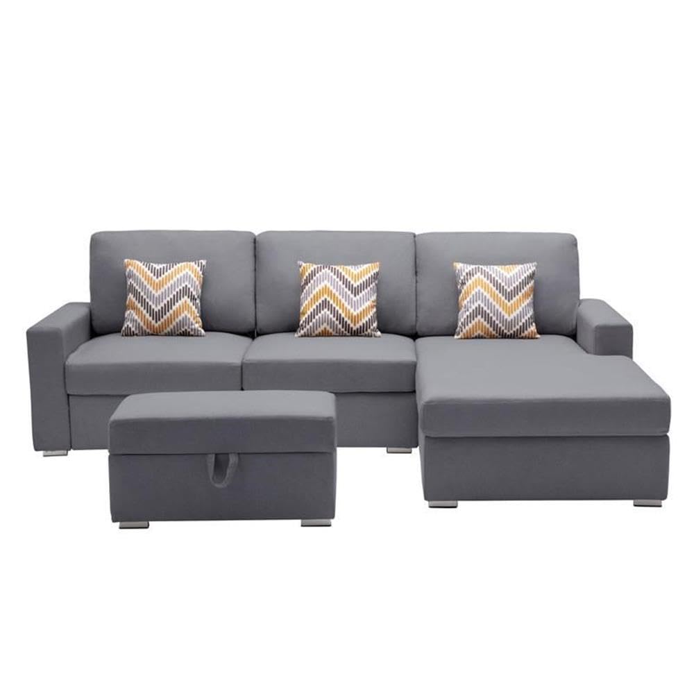 Lilola Home Nolan Gray Linen Fabric 4Pc Reversible Sofa Chaise with Interchangeable Legs, Storage Ottoman, and Pillows