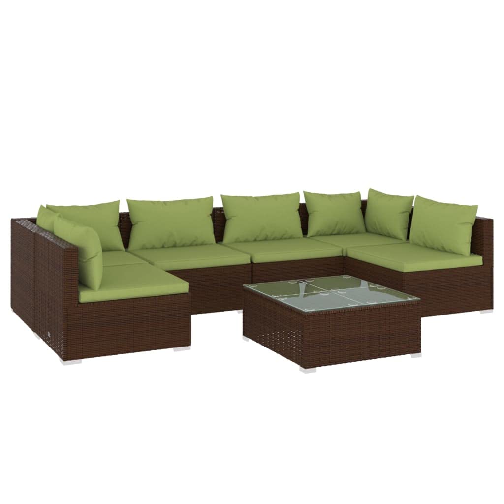 vidaXL Patio Lounge Set 7 Piece - Outdoor Sectional Sofa Set - Brown Poly Rattan Furniture with Green Cushions - Weather-Resistant & Modular Design - for Garden, Patio, Deck