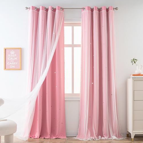 Yancorp Pink Curtains For Bedroom Living Room Thermal Insulated Kids Curtain Hollow-Out Star Window Nursery Curtain 63 Inches Length Room Darkening Grommet(Pink,52 * 63),1 Panel