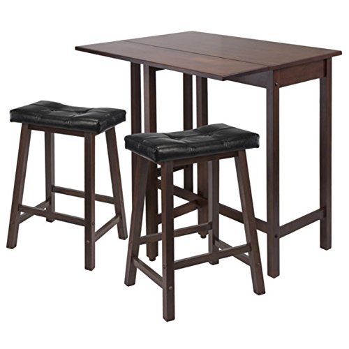 Ergode Harrington Drop Leaf High Table Set | Solid Wood | Walnut Finish | 39.37" W x 31.5" D x 36.22" H | Includes 2 Stools | Fully Assembled (94346-VV)