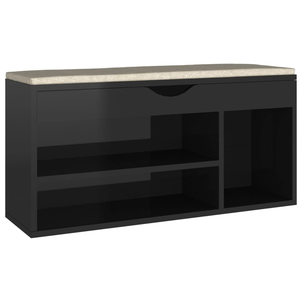 vidaXL - Modern Engineered Wood Shoe Bench with Comfy Removable Cushion, High Gloss Black Finish, Spacious Shoe Organizer - Dimensions: 40.9&quot;x11.8&quot;x19.3&quot;