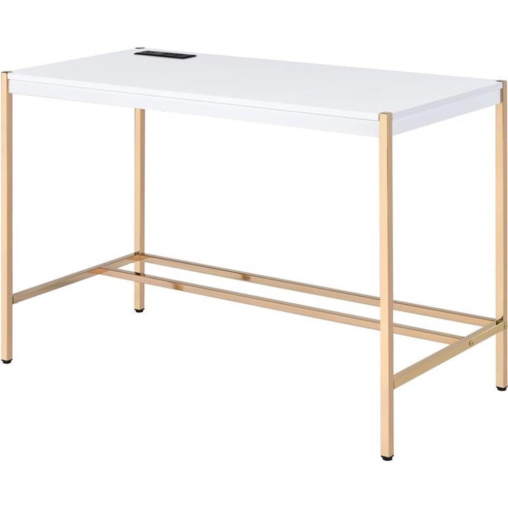 Acme Midriaks Wooden Top Writing Desk with USB Port in White and Gold