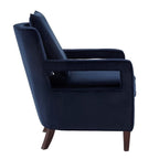Comfort Pointe Questa Navy Blue Velvet Accent Arm Chair with Open Arms and Brown Legs