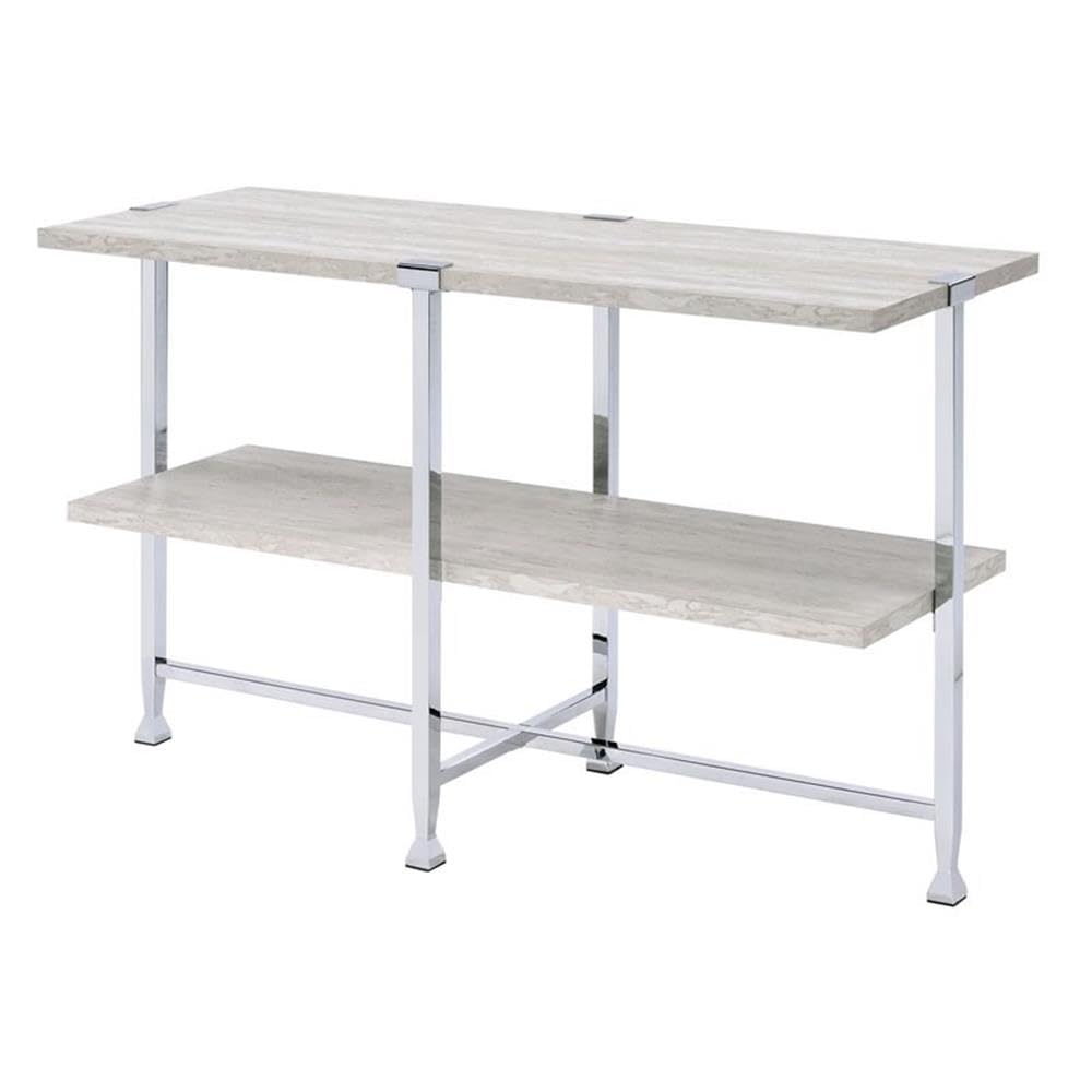 Acme Brecon Rectangular Wooden Sofa Table with Shelf in White Oak and Chrome