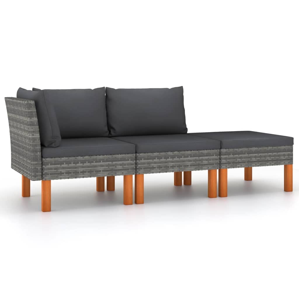 vidaXL 3 Piece Patio Lounge Set - Gray PE Rattan and Solid Eucalyptus Wood - Includes Cushions with Removable Cover - Ideal for Outdoor Use - Warned Under California Proposition 65
