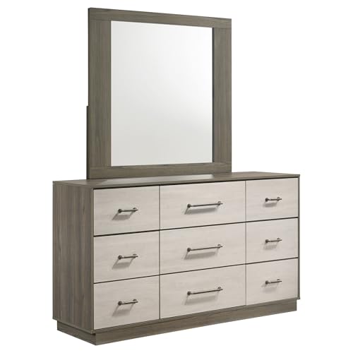 Coaster Home Furnishings Fenwick Contemporary 61-inch 9-Drawer Bedroom Dresser with Mirror Bedroom Clothing Storage Cabinet Wide Chest of Drawers Organizer Unit Grey Oak and Almond 224983M