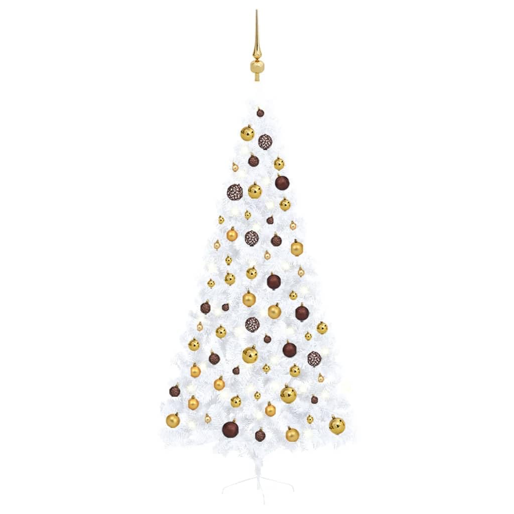 vidaXL Artificial Half Pre-lit White Christmas Tree with Gold/Bronze Balls - 82.7&quot; Height, 605 Tips, 150 LEDs