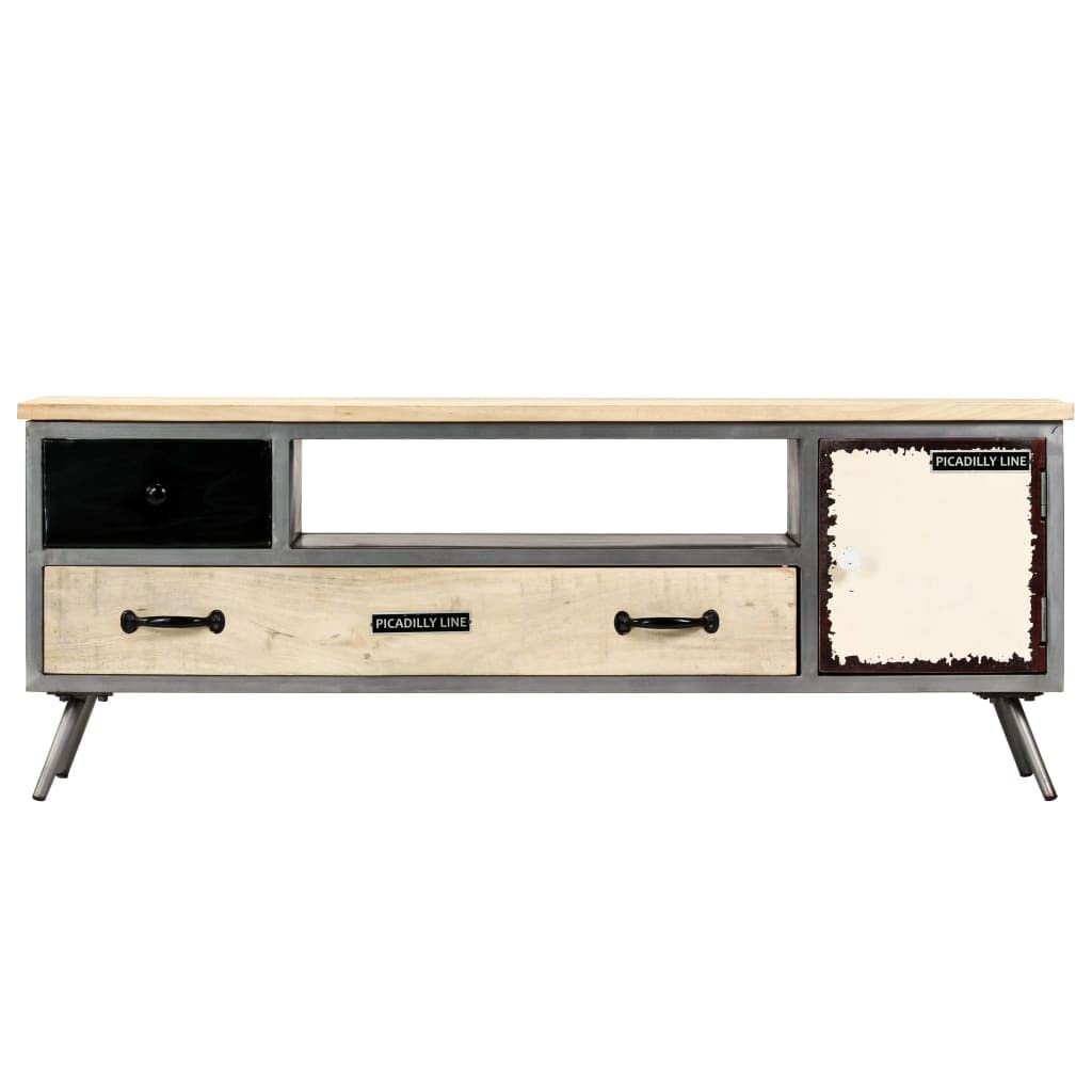 vidaXL TV Cabinet Stand - Industrial Mid-Century Modern Design, Solid Mango Wood & Steel Frame, Polished and Lacquered, 47.2&quot;x11.8&quot;x17.7&quot;, Multicolour