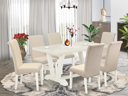 East West Furniture V026Ba201-7 7 Piece Dining Room Table Set Consist Of A Rectangle Kitchen Table With V-Legs And 6 Cream Linen Fabric Parson Dining Chairs, 36X60 Inch, Multi-Color