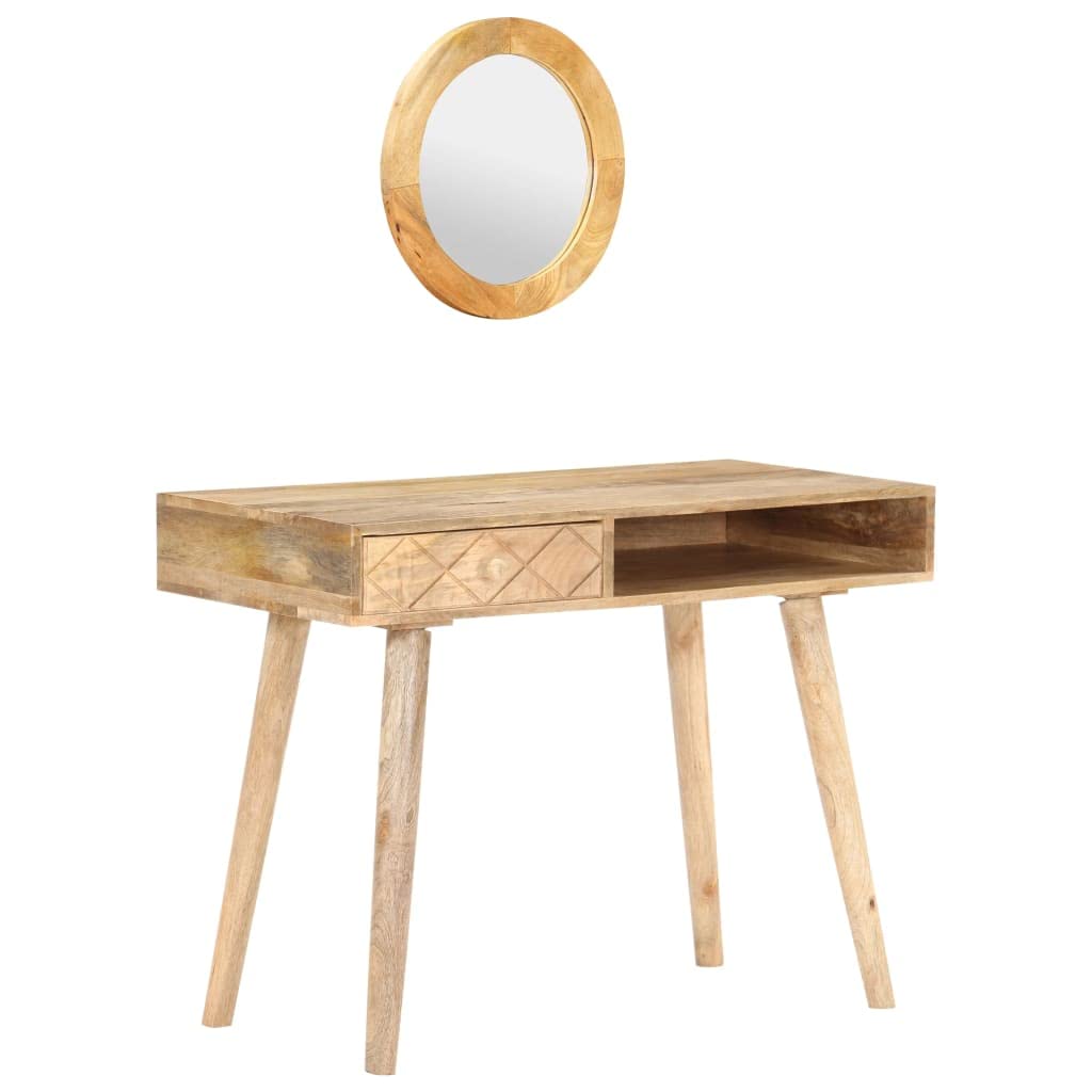 vidaXL Retro Style Solid Mango Wood Dressing Table with Mirror Drawer - Rustic Makeup Desk for Bedroom, Natural Finish, Assembly Required