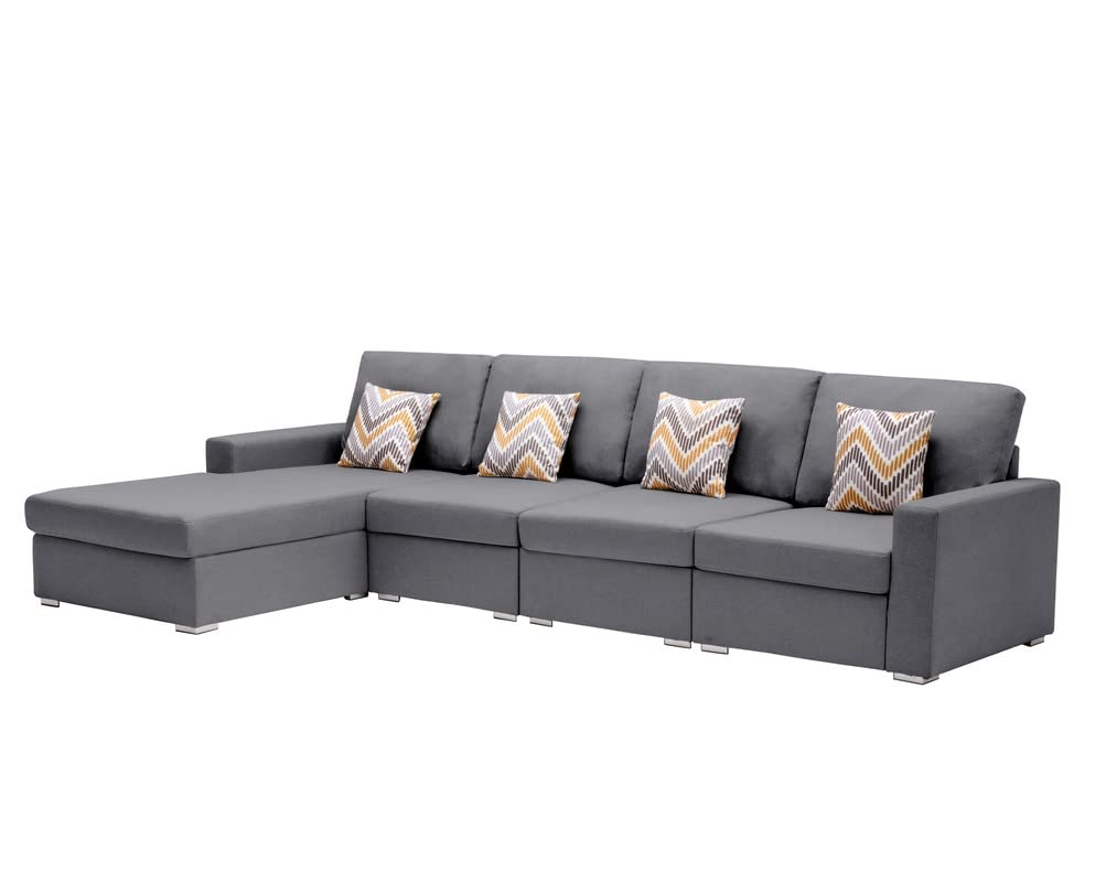 Lilola Home Nolan Gray Linen Fabric 4Pc Reversible Sectional Sofa Chaise with Pillows and Interchangeable Legs