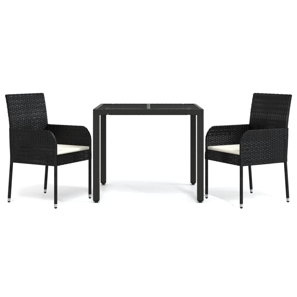 vidaXL Stylish 3-Piece Patio Dining Set with Cushions, Durable Black Poly Rattan, Weather-Resistant, Comfortable Seating with Backrest, Easy Maintenance Tempered Glass Tabletop